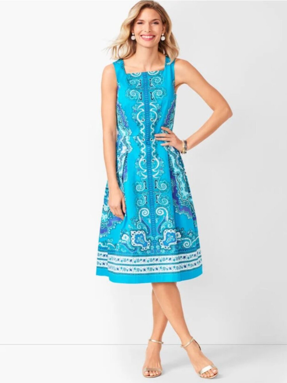 Talbots Sleeveless Dress Womens Sz 10 Blue Pockets A-Line Summer Sun Knee Length